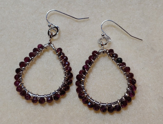 Garnet Wire Wrapped Hoop Earring