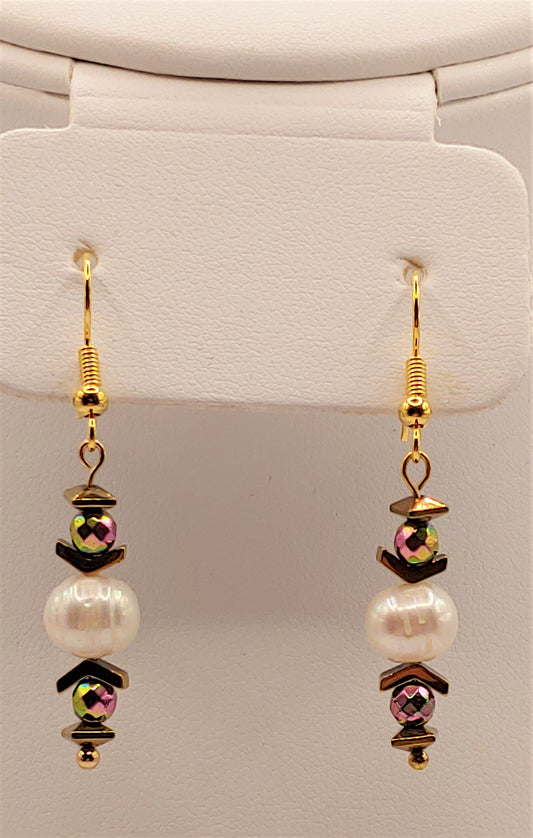 Pearl Earrings with Gold/Purple Hematine accents