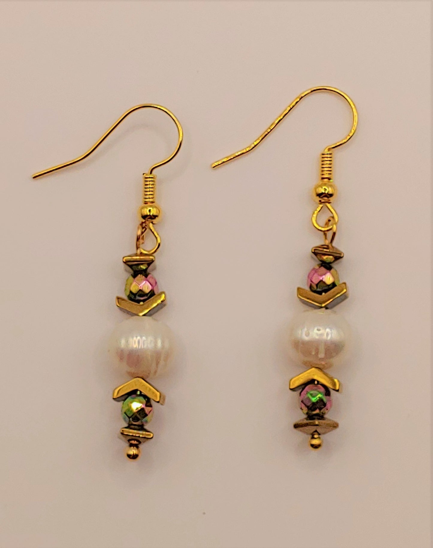 Pearl Earrings with Gold/Purple Hematine accents