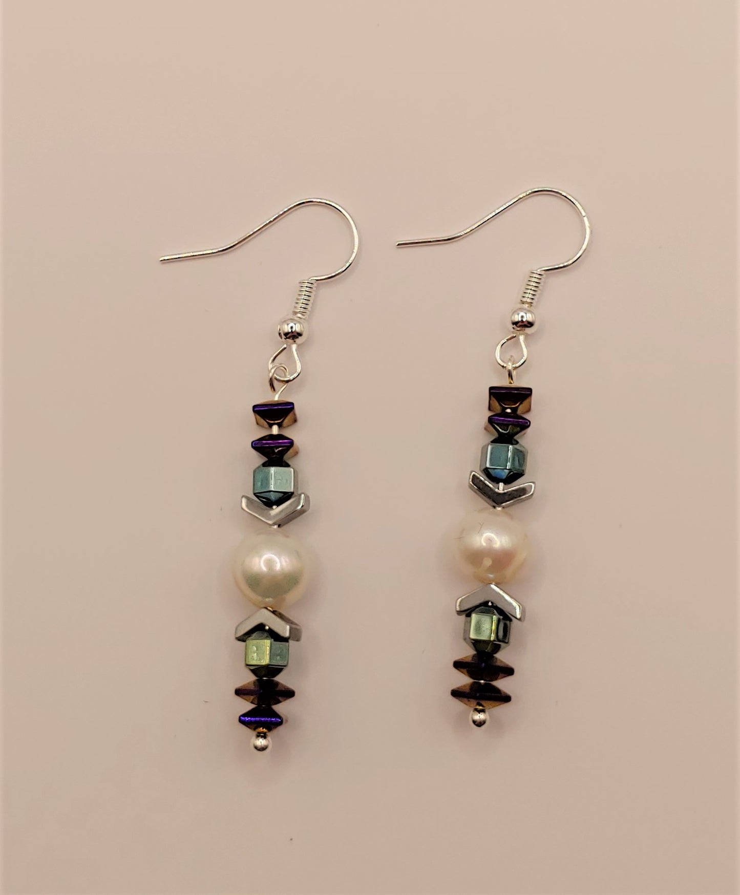 Pearl Earrings with Blue/purple Hematine accents