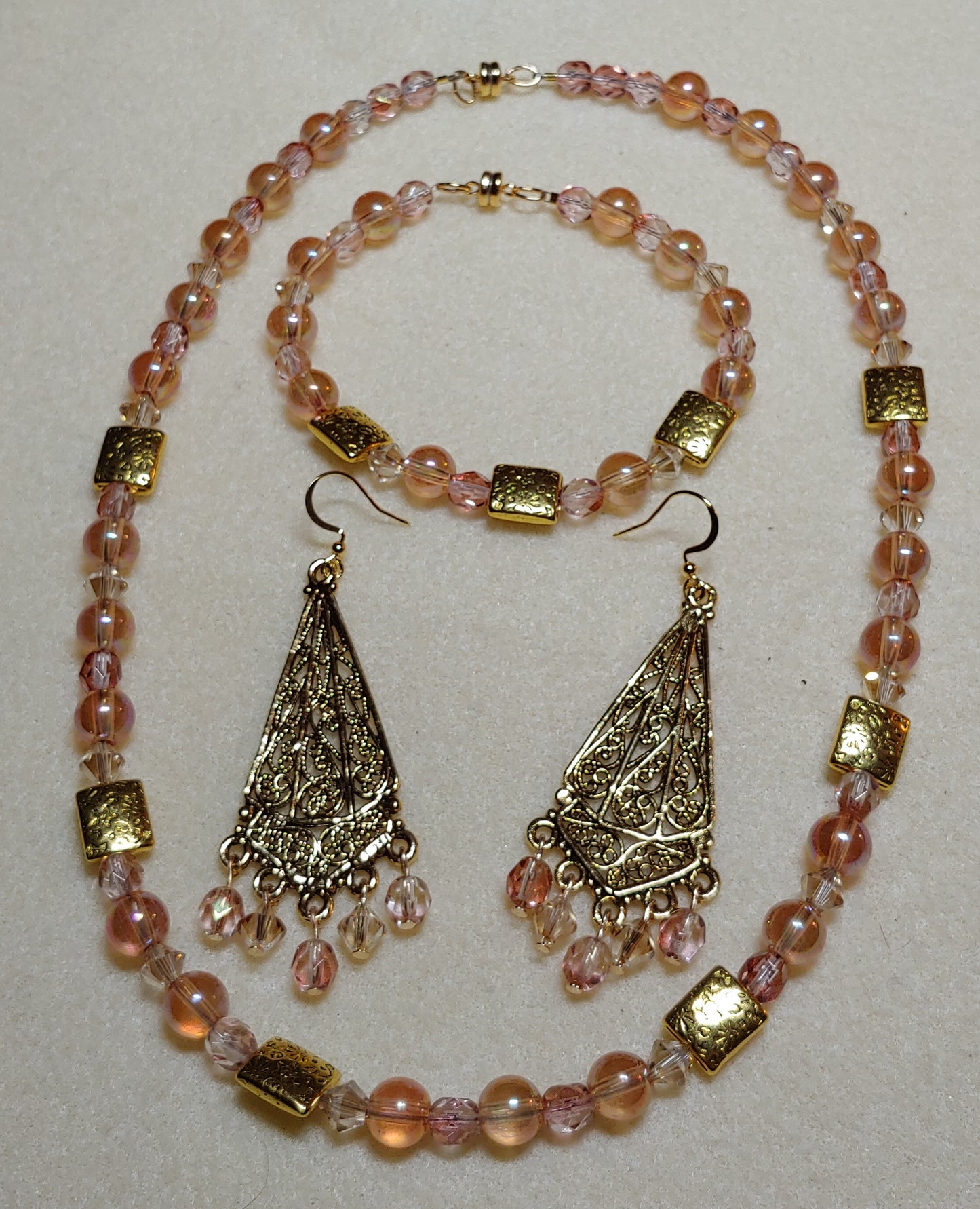 Peach Glass and Austrian crystal Necklace